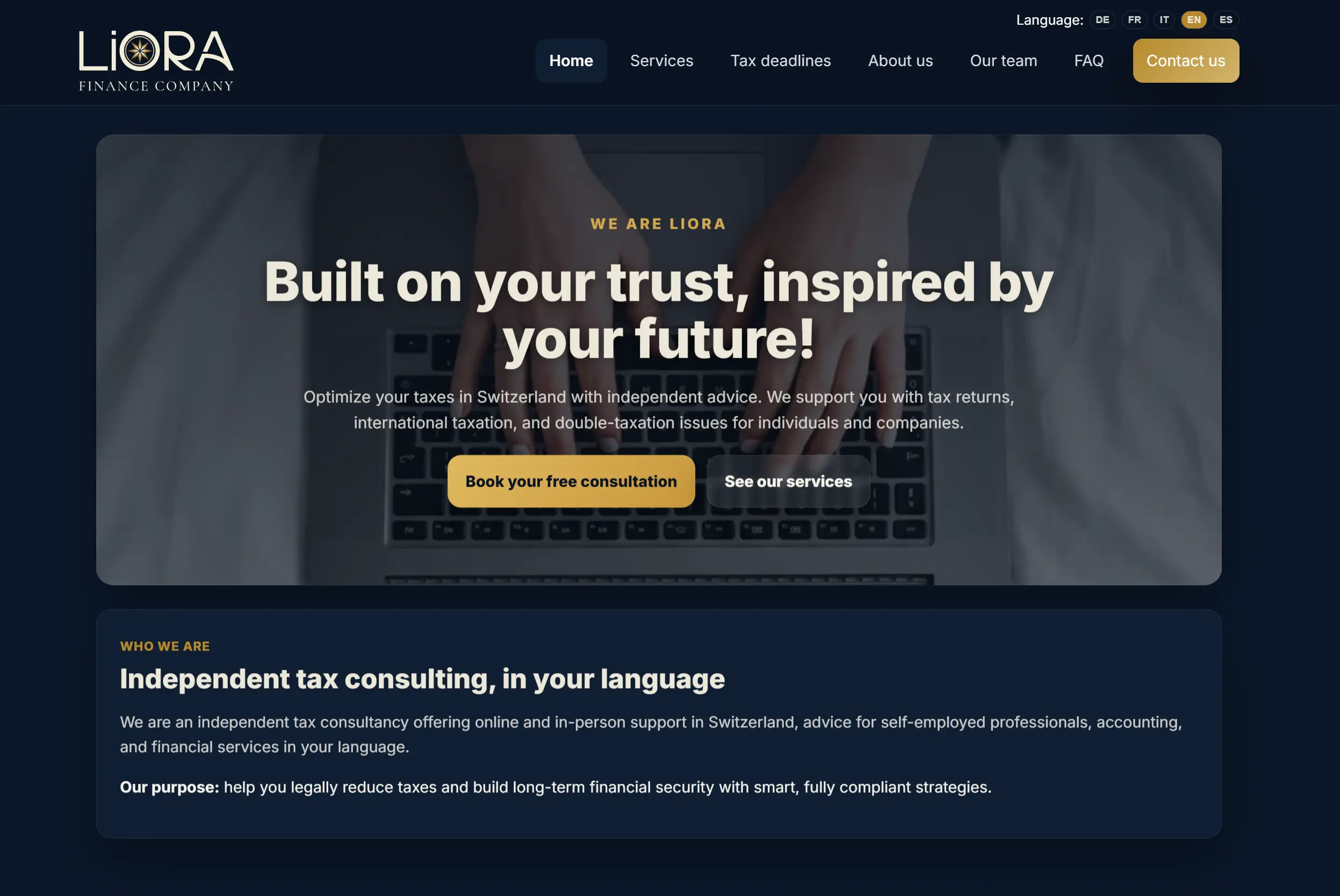 Vista de la web de Liora Finance